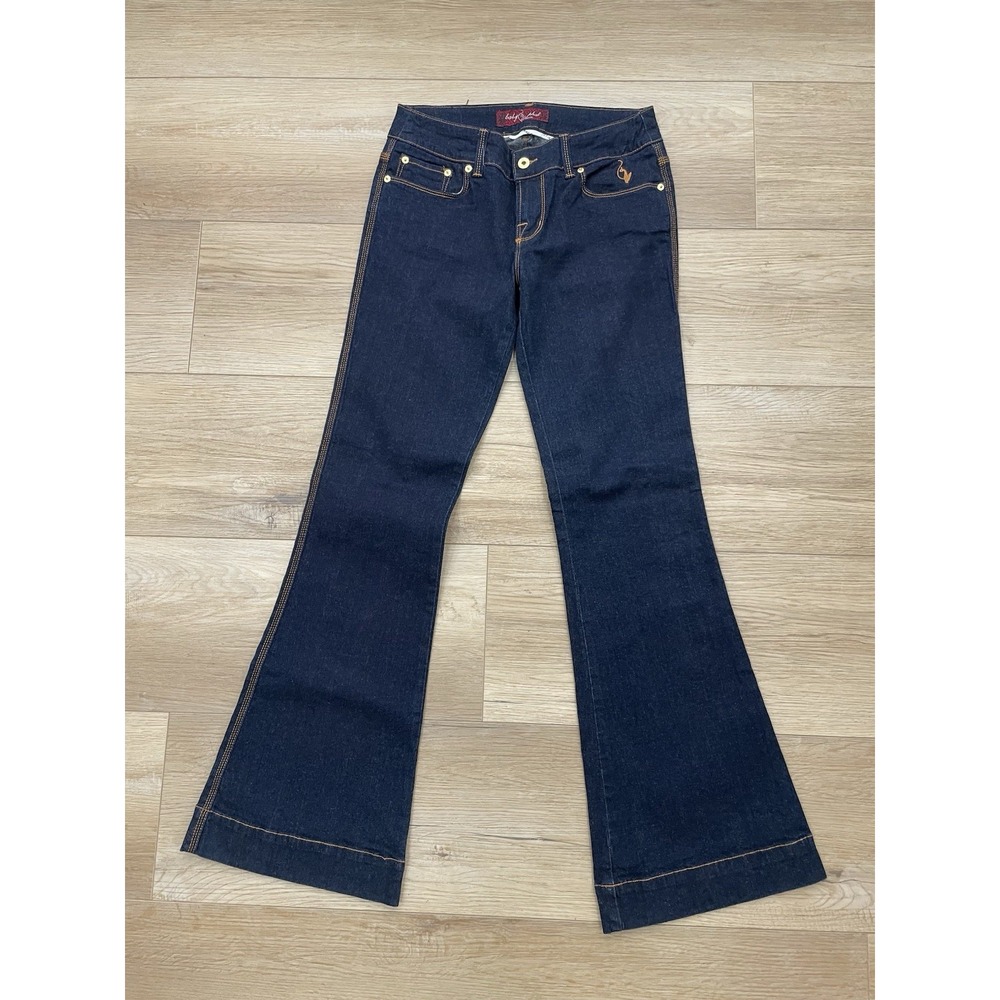 VTG Baby Phat Embroidered Cat Logo Flare Jeans 7 Dark Wash Low Rise Stretch 31.5